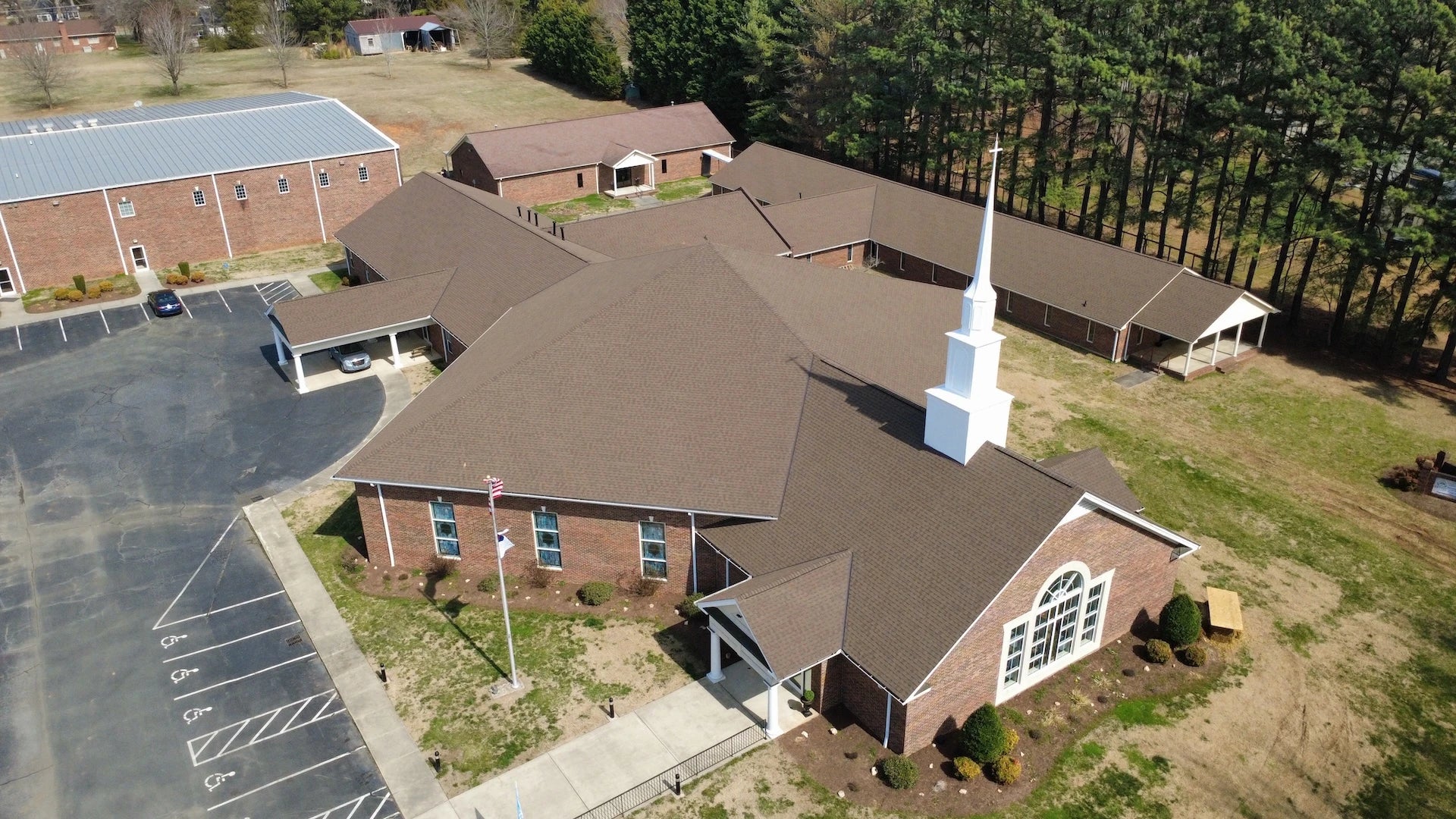 Aerial view of Bethel Baptist's new roof by RLM Roofing