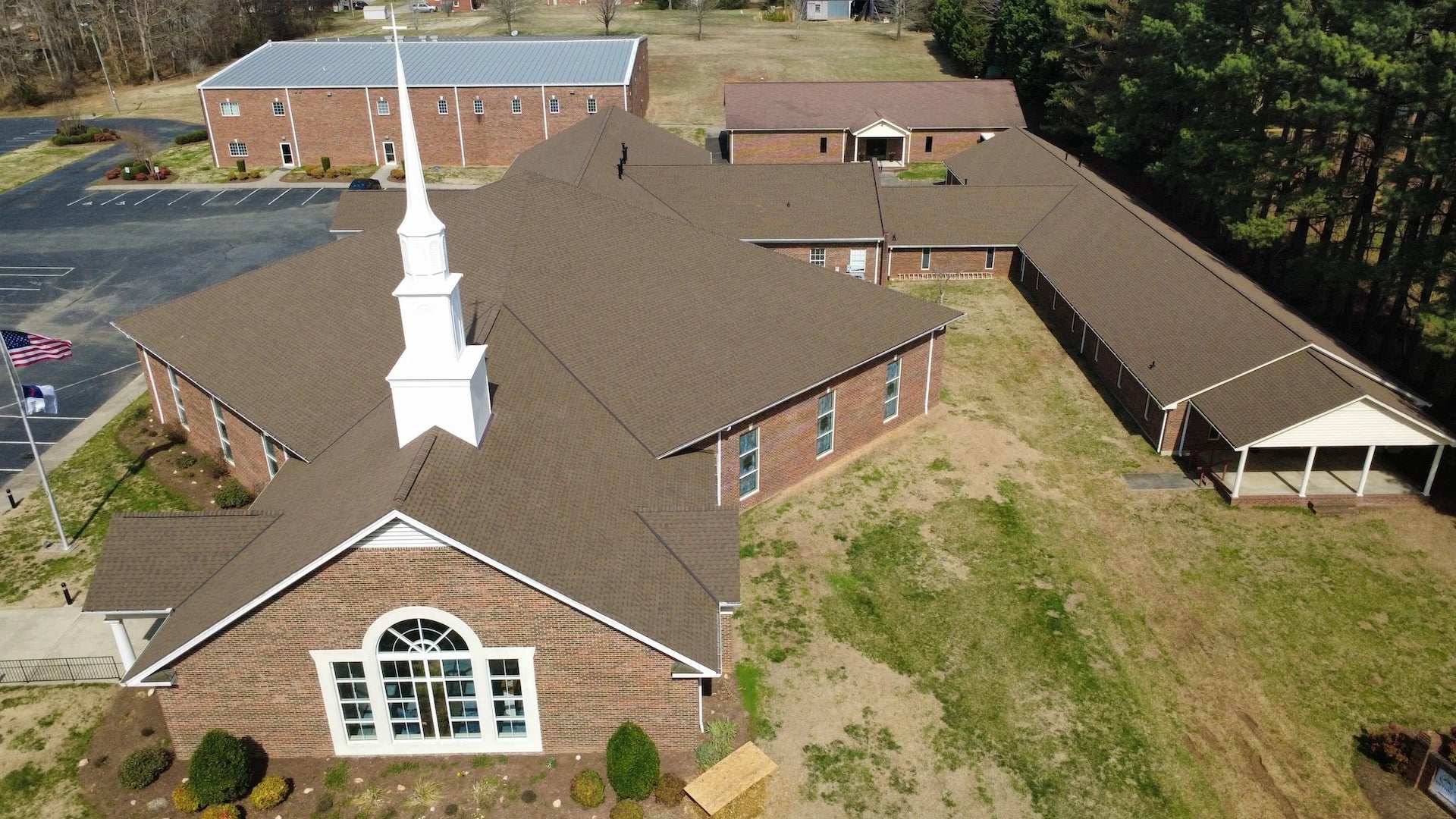Aerial view of Bethel Baptist's new roof by RLM Roofing