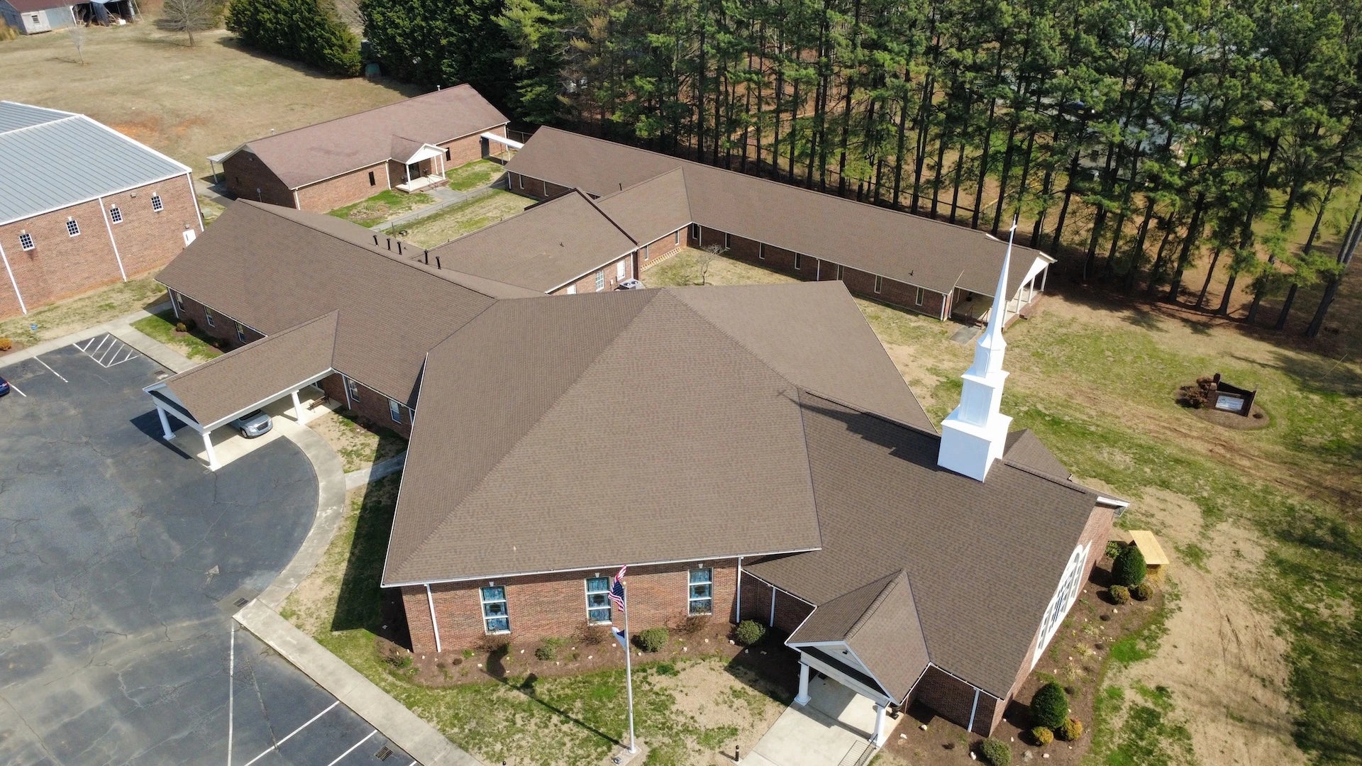 Aerial view of Bethel Baptist's new roof by RLM Roofing