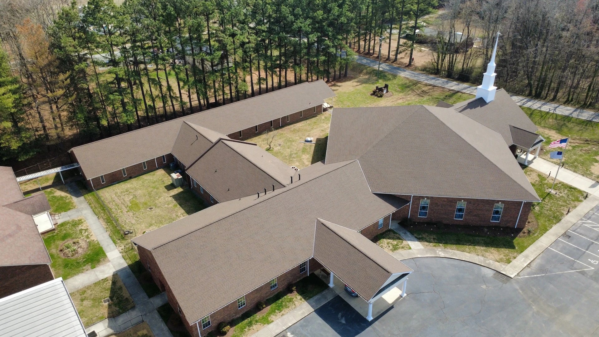 Aerial view of Bethel Baptist's new roof by RLM Roofing